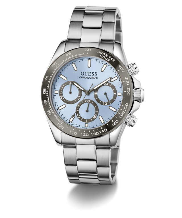 GUESS Mens Arthur Silver Tone Analog Watch with a blue face on a white background