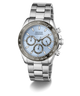 GUESS Mens Arthur Silver Tone Analog Watch with a blue face on a white background