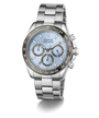 GUESS Mens Arthur Silver Tone Analog Watch with a blue face on a white background