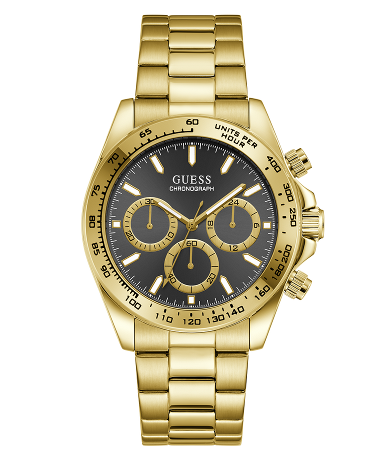 Gold GUESS Mens Gold Tone Analog Watch with a black dial on a white background