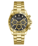 Gold GUESS Mens Gold Tone Analog Watch with a black dial on a white background