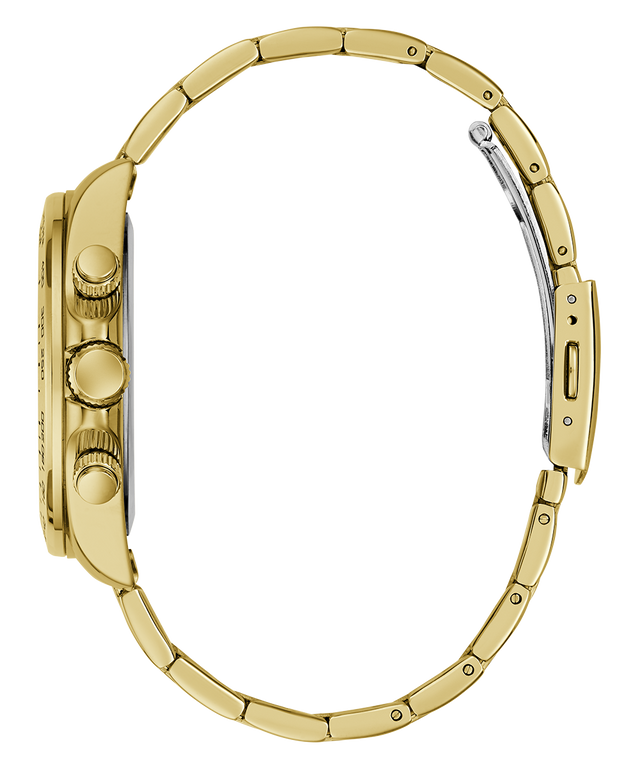 Gold GUESS Mens Gold Tone Analog Watch with detailed case and band on a white background