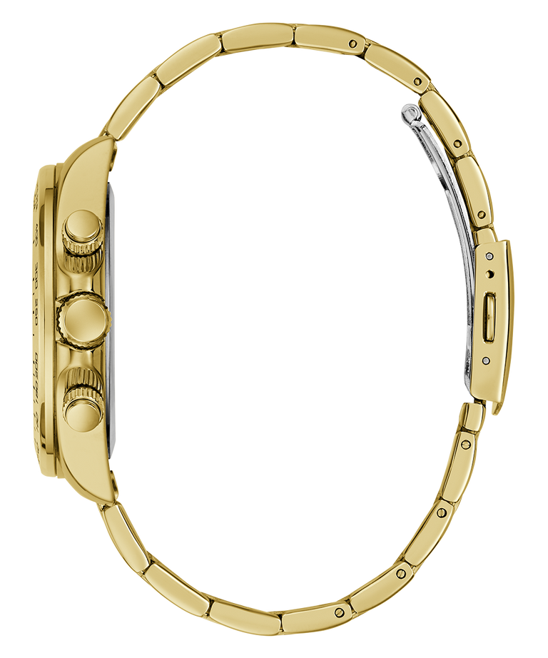 Gold GUESS Mens Gold Tone Analog Watch with detailed case and band on a white background