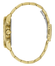 Gold GUESS Mens Gold Tone Analog Watch with detailed case and band on a white background