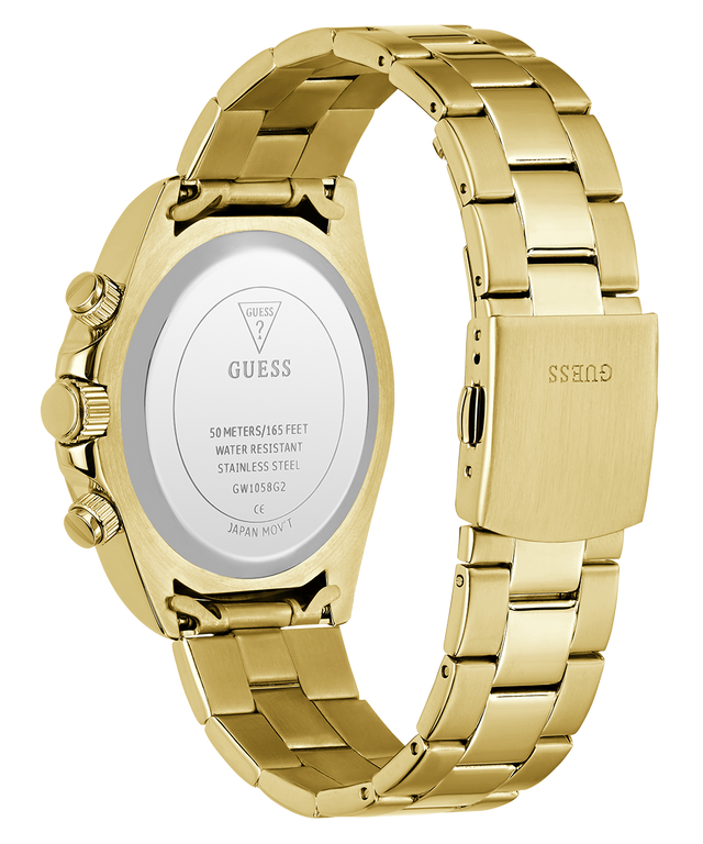 Gold GUESS Mens Gold Tone Analog Watch with visible brand logo on a white background