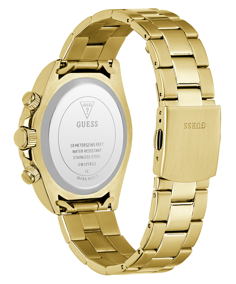 Gold GUESS Mens Gold Tone Analog Watch with visible brand logo on a white background