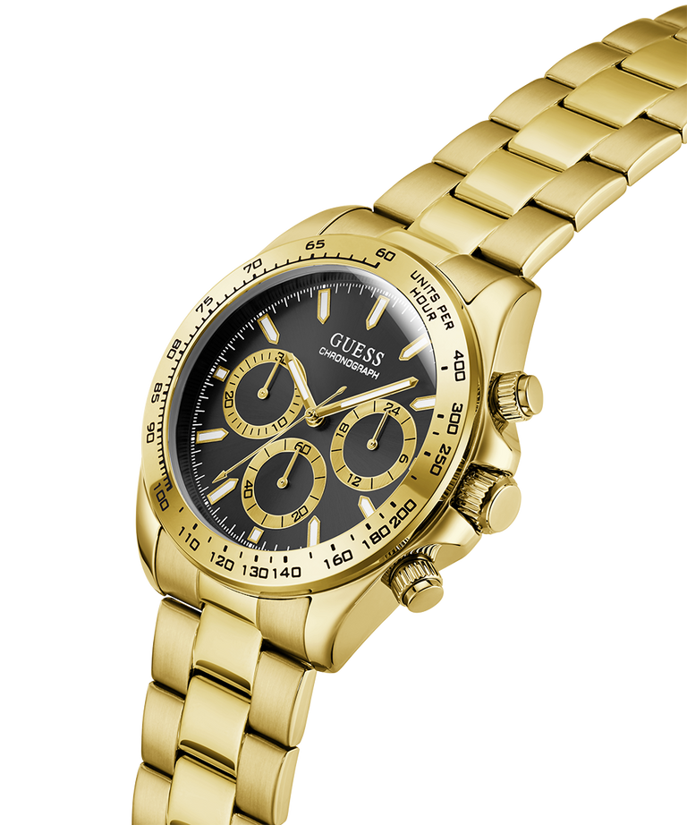 Gold GUESS Mens Gold Tone Analog Watch with a black face on a white background lifestyle