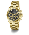 Gold GUESS Mens Gold Tone Analog Watch with black face on a white background