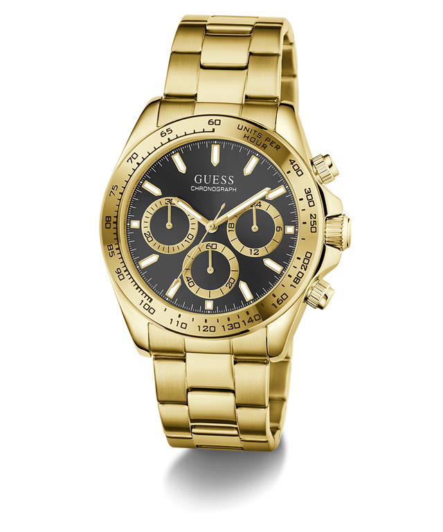 Gold GUESS Mens Gold Tone Analog Watch with black face on a white background