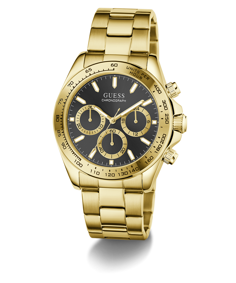 Gold GUESS Mens Gold Tone Analog Watch with black face on a white background