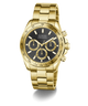 Gold GUESS Mens Gold Tone Analog Watch with black face on a white background