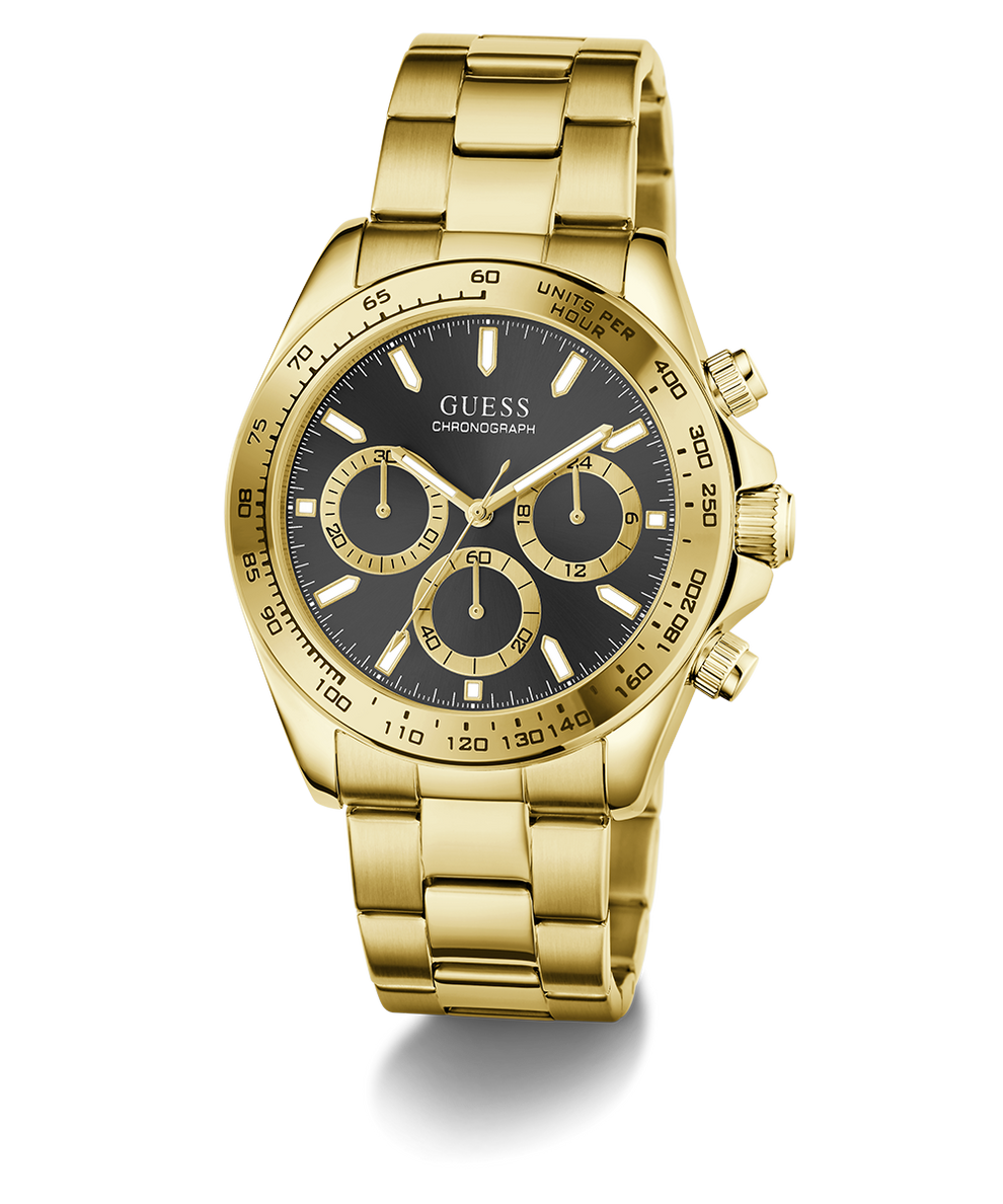 Gold GUESS Mens Gold Tone Analog Watch with black face on a white background