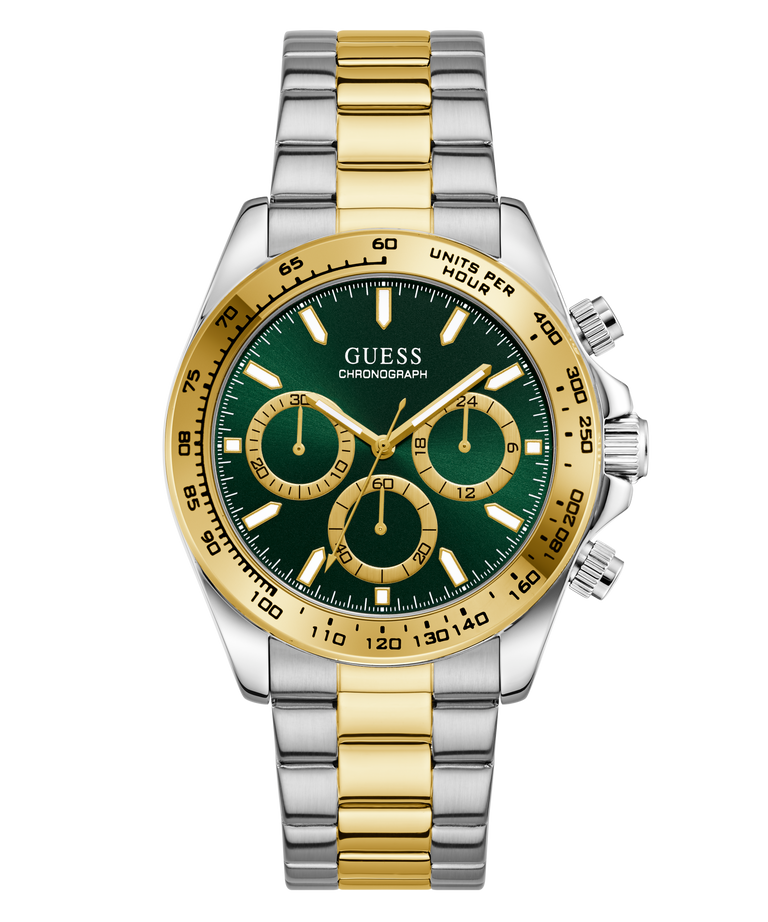 Two-tone GUESS Mens Arthur 2-Tone Multi-function Watch with green face and gold accents on a white background