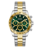 Two-tone GUESS Mens Arthur 2-Tone Multi-function Watch with green face and gold accents on a white background