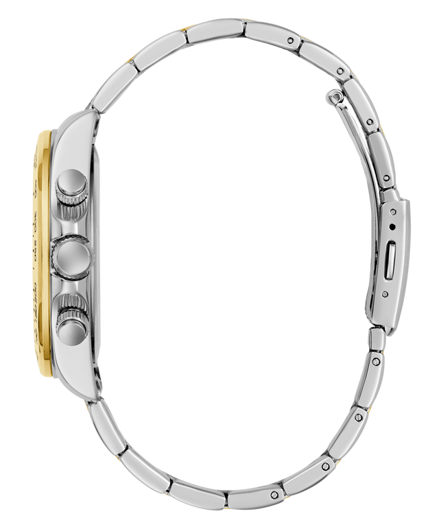Close-up of a GUESS Mens Arthur 2-Tone Multi-function Watch with a silver and gold band on a white background