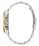 Close-up of a GUESS Mens Arthur 2-Tone Multi-function Watch with a silver and gold band on a white background