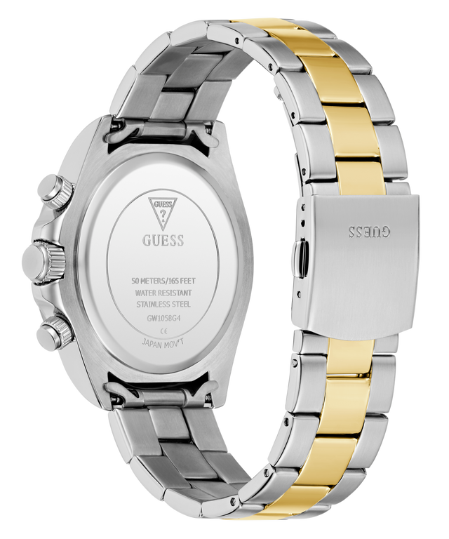 Two-tone silver and gold GUESS Mens Arthur 2-Tone Multi-function Watch with visible brand logo on a white background