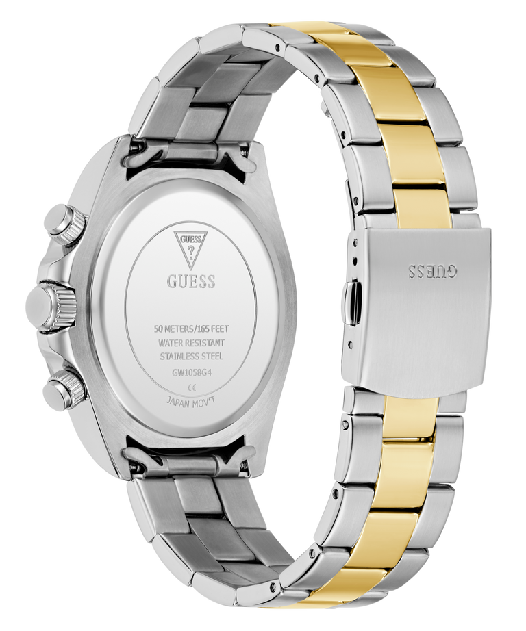 Two-tone silver and gold GUESS Mens Arthur 2-Tone Multi-function Watch with visible brand logo on a white background