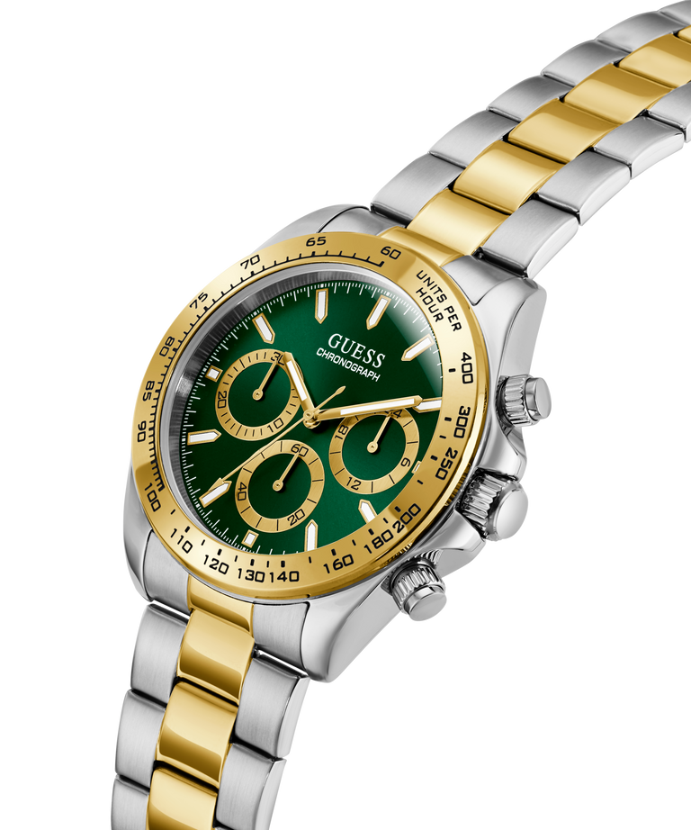 Two-tone GUESS Mens Arthur 2-Tone Multi-function Watch with green face and gold accents on a white background lifestyle