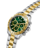 Two-tone GUESS Mens Arthur 2-Tone Multi-function Watch with green face and gold accents on a white background lifestyle