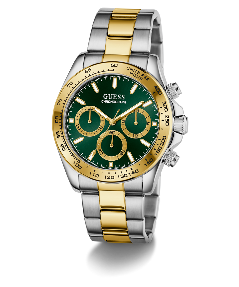 Two-tone Guess GUESS Mens Arthur 2-Tone Multi-function Watch with green face on a white background