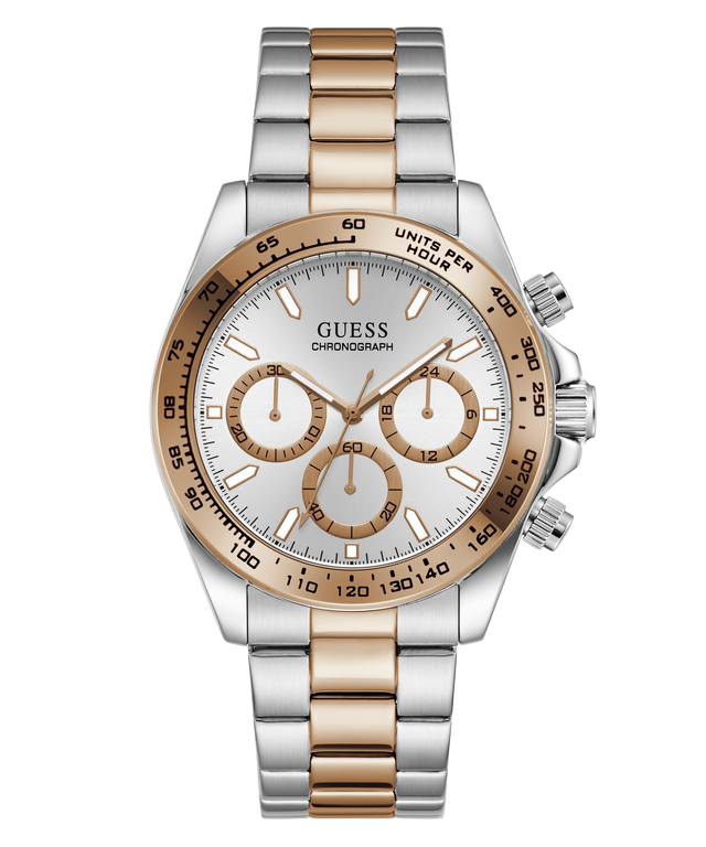 Two-tone GUESS Mens Arthur 2-Tone Analog Watch with silver and rose gold band on a white background