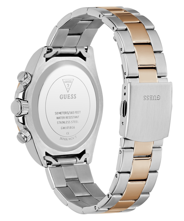 Two-tone silver and rose gold GUESS Mens Arthur 2-Tone Analog Watch with visible brand name on a white background