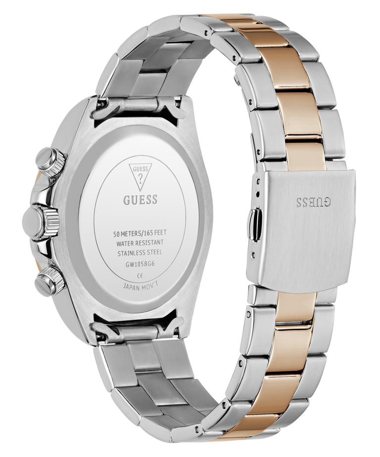 Two-tone silver and rose gold GUESS Mens Arthur 2-Tone Analog Watch with visible brand name on a white background