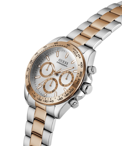 Two-tone GUESS Mens Arthur 2-Tone Analog Watch with silver and rose gold band on a white background lifestyle
