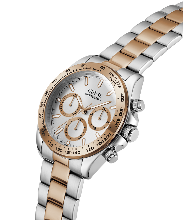 Two-tone GUESS Mens Arthur 2-Tone Analog Watch with silver and rose gold band on a white background lifestyle