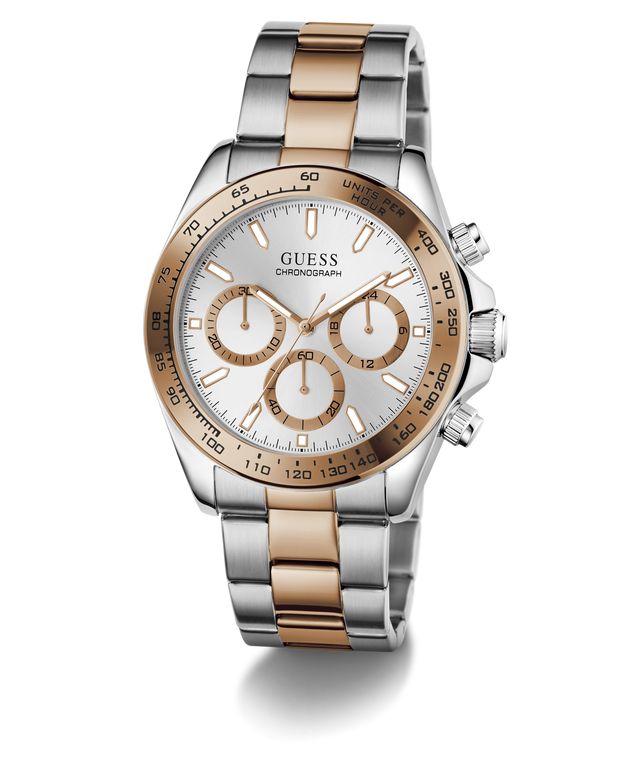 Two-tone GUESS Mens Arthur 2-Tone Analog Watch with silver and rose gold band on a white background