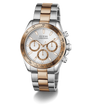 Two-tone GUESS Mens Arthur 2-Tone Analog Watch with silver and rose gold band on a white background