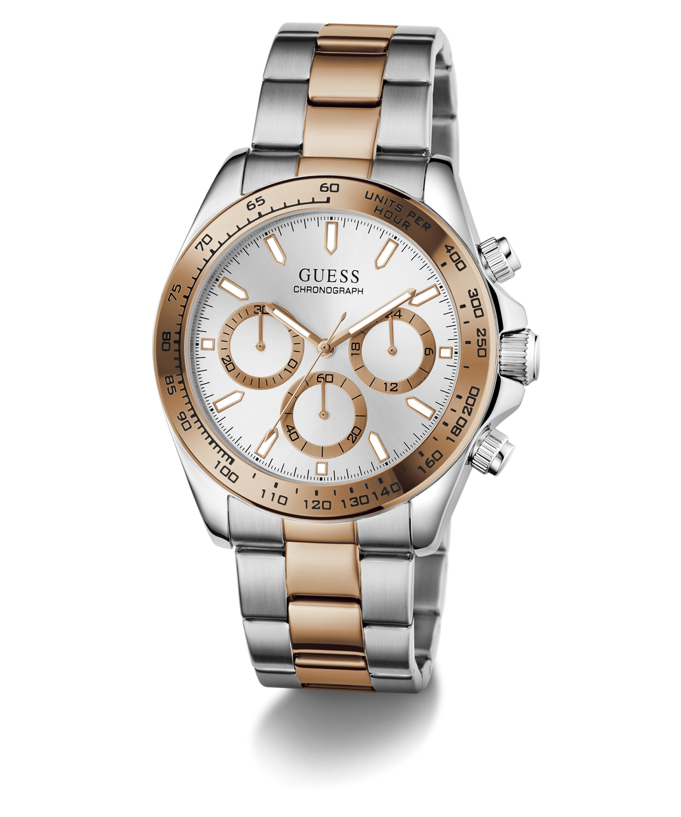 Two-tone GUESS Mens Arthur 2-Tone Analog Watch with silver and rose gold band on a white background