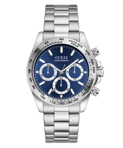 Silver GUESS Mens Arthur Silver Tone Analog Watch with blue face on a white background
