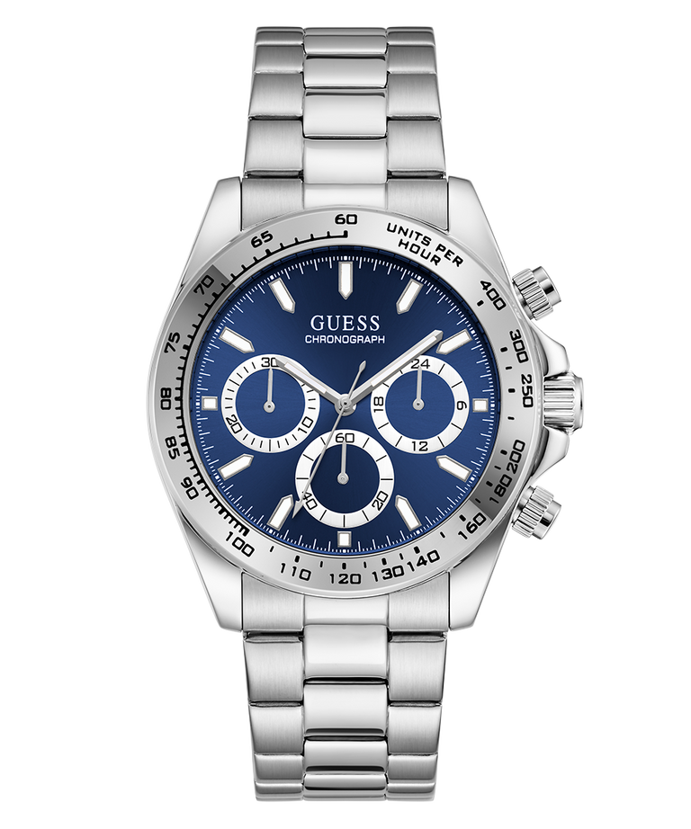 Silver GUESS Mens Arthur Silver Tone Analog Watch with blue face on a white background