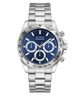 Silver GUESS Mens Arthur Silver Tone Analog Watch with blue face on a white background