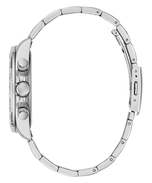 Close-up of a silver GUESS Mens Arthur Silver Tone Analog Watch with detailed design on a white background