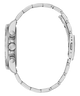 Close-up of a silver GUESS Mens Arthur Silver Tone Analog Watch with detailed design on a white background