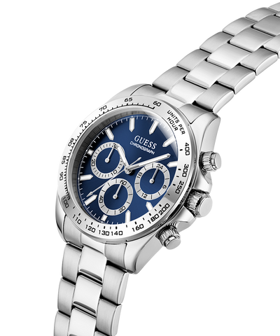 Silver GUESS Mens Arthur Silver Tone Analog Watch with blue face on a white background lifestyle