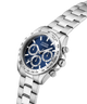Silver GUESS Mens Arthur Silver Tone Analog Watch with blue face on a white background lifestyle