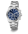 Silver GUESS Mens Arthur Silver Tone Analog Watch with blue dial on a white background