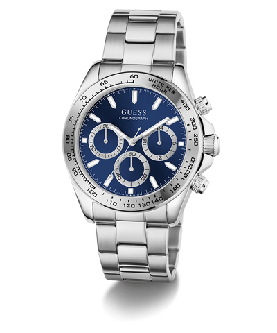Silver GUESS Mens Arthur Silver Tone Analog Watch with blue dial on a white background