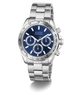 Silver GUESS Mens Arthur Silver Tone Analog Watch with blue dial on a white background