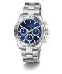 Silver GUESS Mens Arthur Silver Tone Analog Watch with blue dial on a white background