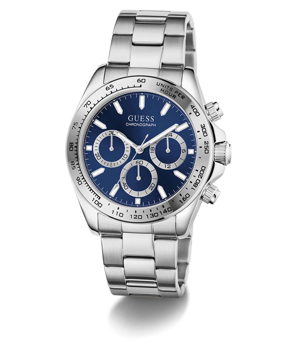 Silver GUESS Mens Arthur Silver Tone Analog Watch with blue dial on a white background