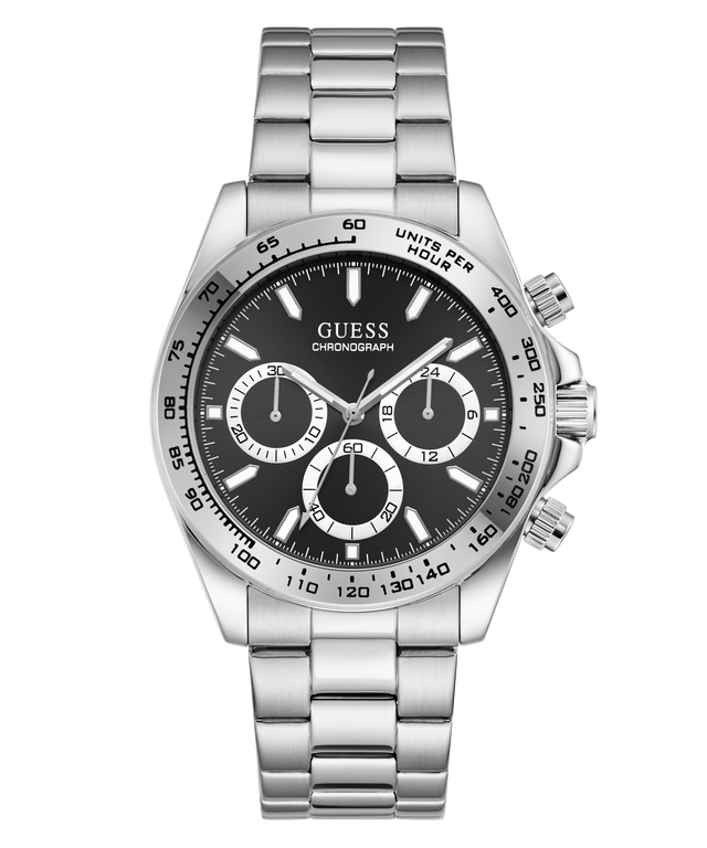 A Guess chronograph watch with a silver stainless steel link bracelet, a black dial, and a black tachymeter bezel, shown on a solid white background.