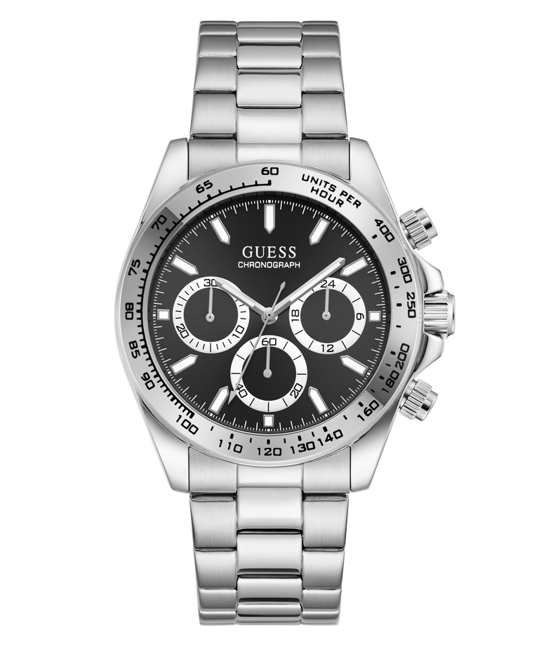 A Guess chronograph watch with a silver stainless steel link bracelet, a black dial, and a black tachymeter bezel, shown on a solid white background.