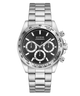 A Guess chronograph watch with a silver stainless steel link bracelet, a black dial, and a black tachymeter bezel, shown on a solid white background.