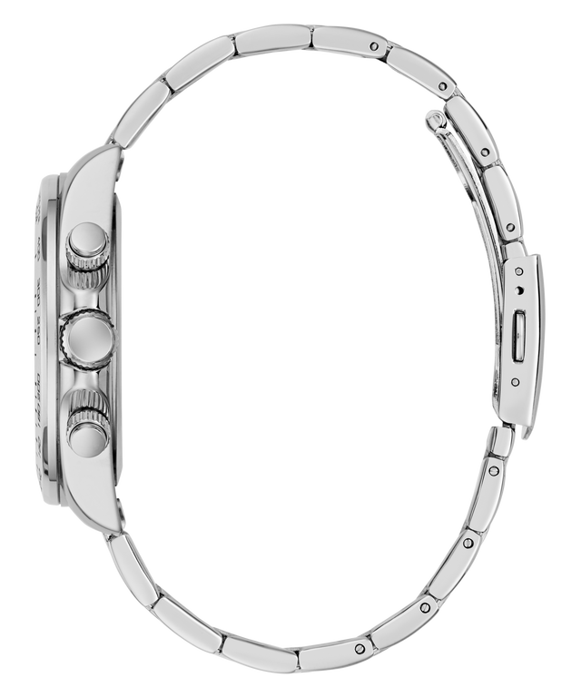A close-up side profile of a silver stainless steel watch with a matching metal link bracelet, featuring a textured bezel and two pushers.