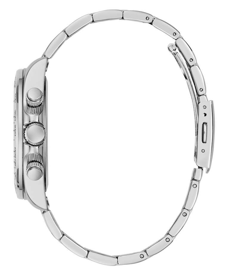 A close-up side profile of a silver stainless steel watch with a matching metal link bracelet, featuring a textured bezel and two pushers.